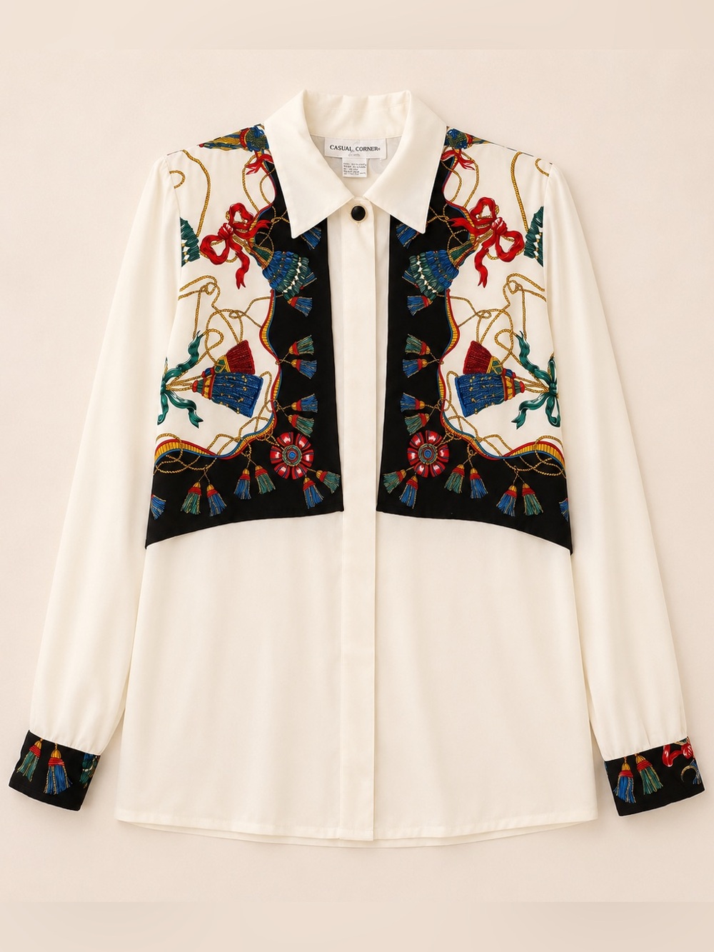 Vintage Casual Corner Scarf Print Tassel Blouse Open Vest Top 12
